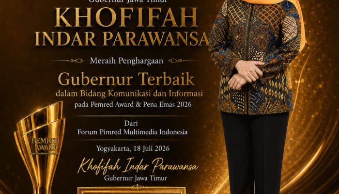 Gubernur Khofifah Raih Penghargaan Pimred Award 2026 Kategori Komunikasi dan Informasi Publik