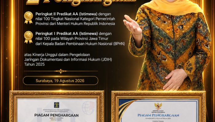 Raih Dua Penghargaan JDIH, Gubernur Khofifah: Jangan Berpuas Diri, Terus Tingkatkan Kualitas Layanan Hukum