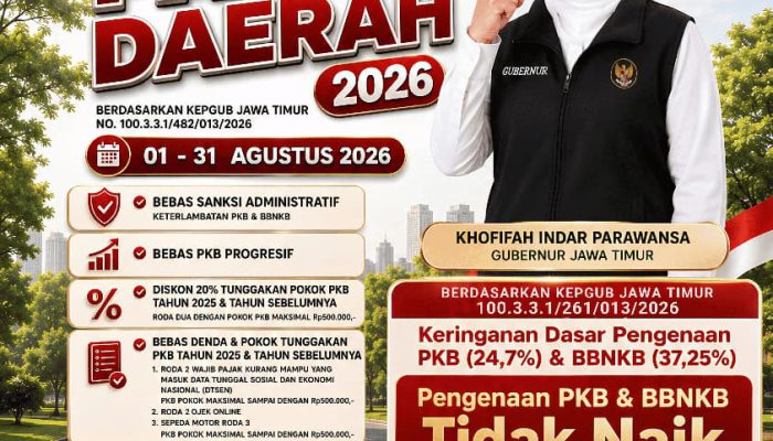 Pemprov Jatim di Bawah Gubernur Khofifah Bebaskan Pajak Daerah Selama Agustus 2026, Hampir Satu Juta Objek Pajak Diproyeksi Menikmati Manfaat
